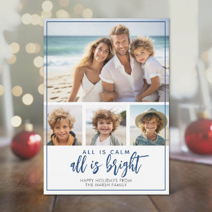 4 Photo - All is Calm Bright - Dark Blue Christmas Holiday Card
