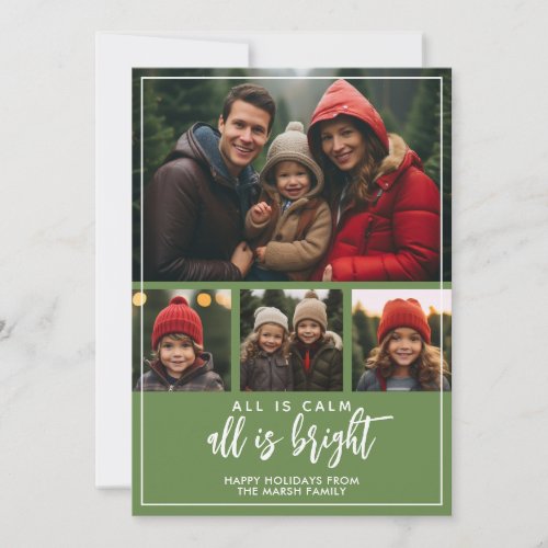 4 Photo - All is Calm Bright Green Blue Christmas Holiday Card