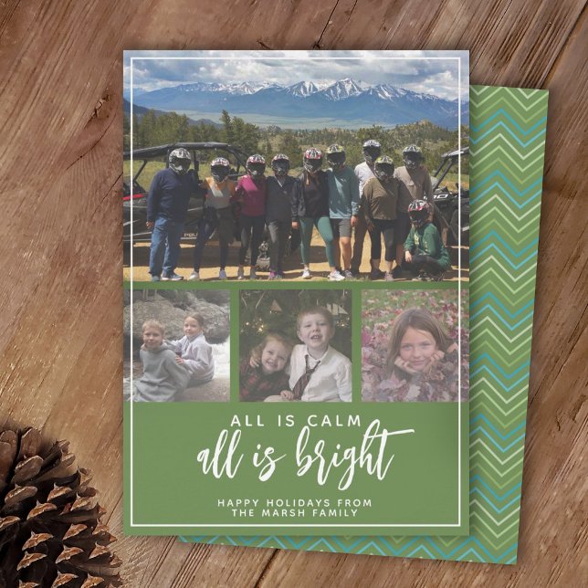 4 Photo - All is Calm Bright Green Blue Christmas Holiday Card (Creator Uploaded)