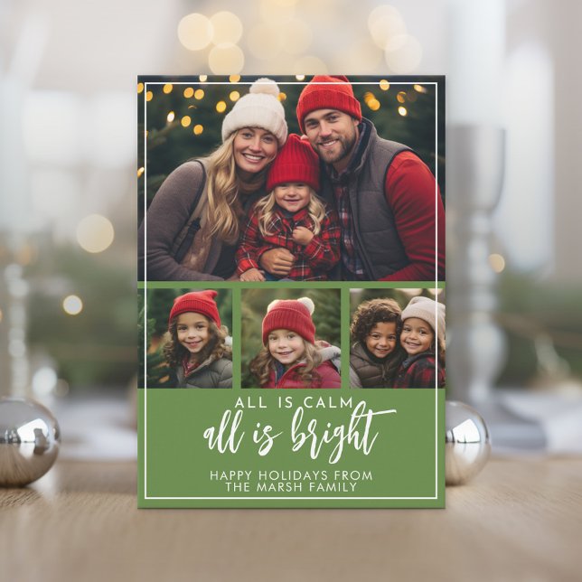 4 Photo All is Calm Bright Script Green Christmas Holiday Card (Photo Christmas Card)