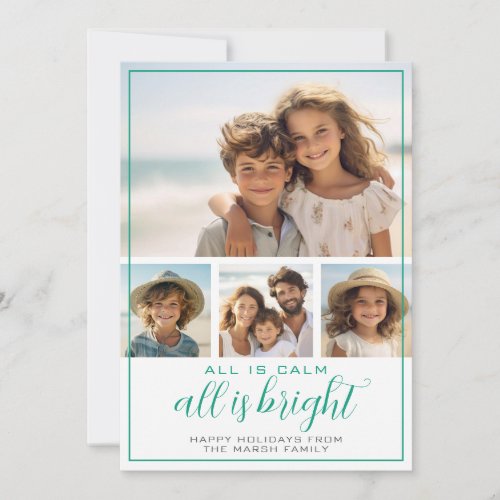 4 Photo - All is Calm Bright - Teal Christmas Holiday Card