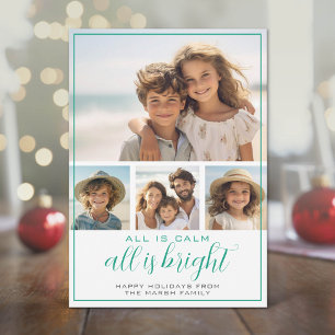 4 Photo - All is Calm Bright - Teal Christmas Holiday Card