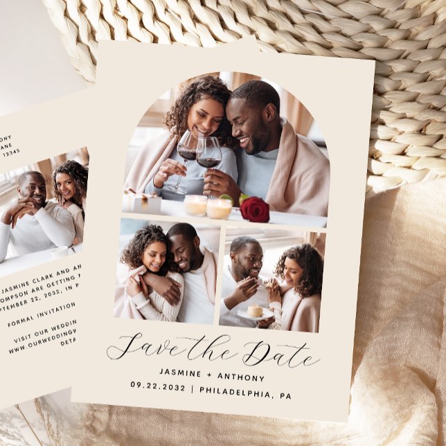 4-Photo Arch Collage Beige Save the Date Postcard (Creator Uploaded)
