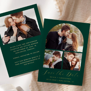 4-Photo Arch Emerald Green Gold Save the Date Foil Invitation