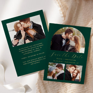 4-Photo Arch Emerald Green Gold Save the Date Foil Invitation