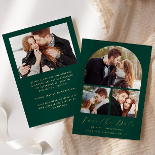 4-Photo Arch Emerald Green Gold Save the Date Foil Invitation