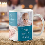 4 Photo Baby First Hanukkah Grandparents Custom Coffee Mug<br><div class="desc">“First Hanukkah.” A playful grid of 4 personalized photos of your choice and white handwritten script typography and snowflakes overlaying a teal blue background, helps the proud grandparents usher in Hannukah and New Year. Feel the warmth and joy of the holiday season whenever they use this stylish and modern personalized...</div>