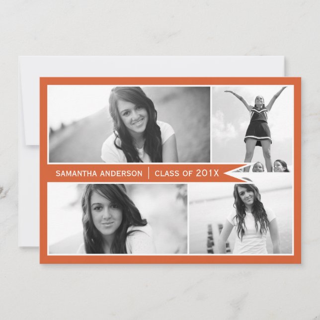 4 Photo Banner Graduation Invitation - Orange (Front)