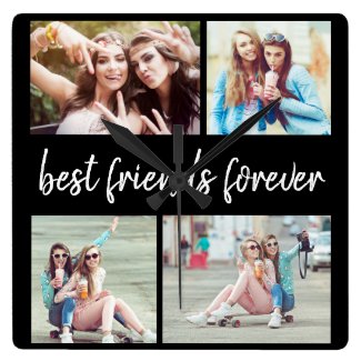 4 Photo Best Friends Forever Black  Square Wall Clock