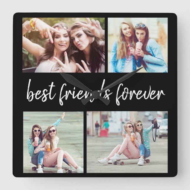 4 Photo Best Friends Forever Black  Square Wall Clock (Front)