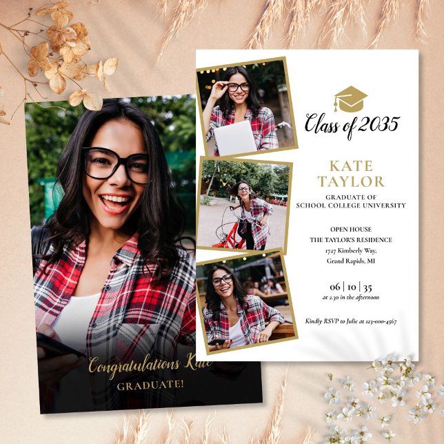 4 Photo Black And Gold Graduation Party Invitation (4 Photo Black And Gold Graduation Party Invitation)