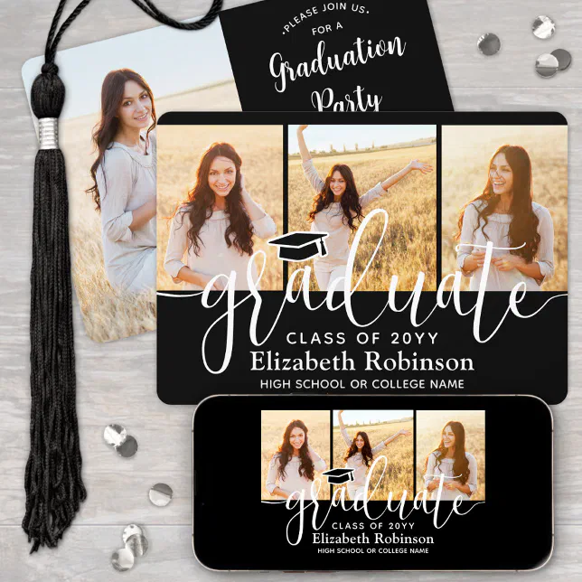 4 Photo Black and White Script Graduation Party Invitation | Zazzle