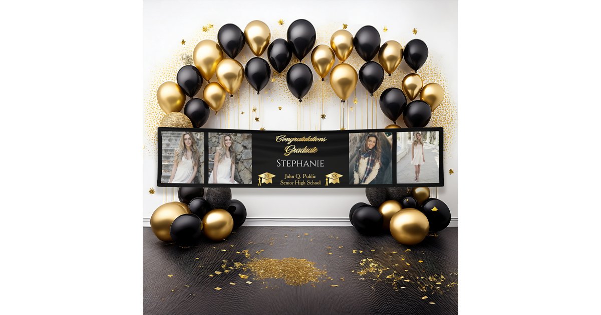 4 Photo Black Gold Congrats Graduate Name School Banner | Zazzle