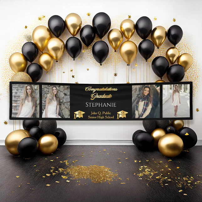 4 Photo Black Gold Congrats Graduate Name School Banner | Zazzle