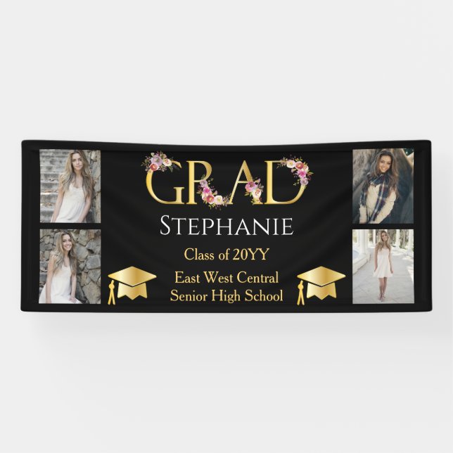 4 Photo Black Gold Floral GRAD Name School Banner (Horizontal)
