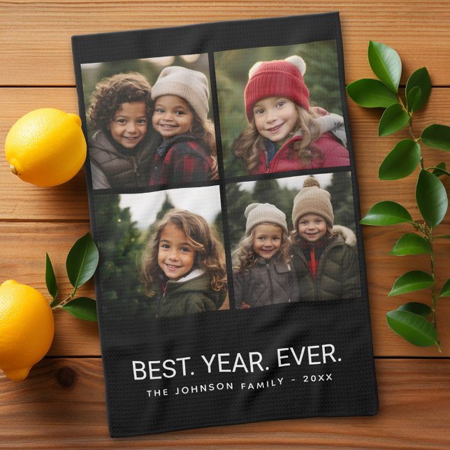 4 Photo Black White Minimalist - Best Year Ever Kitchen Towel (Custom Kitchen Towel with Photo Collage)