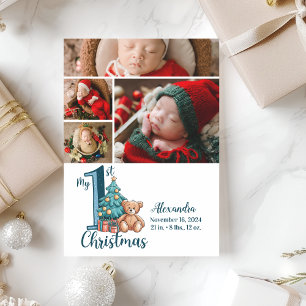 4 Photo Blue Teddy Baby 1st Christmas Holiday Card