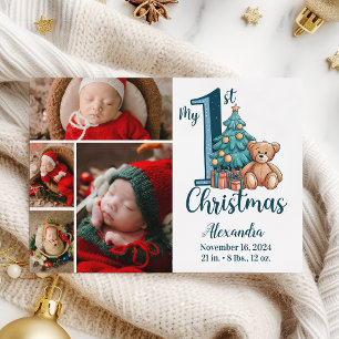4 Photo Blue Teddy Baby 1st Christmas Holiday Card