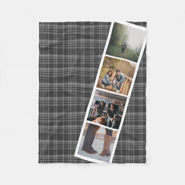 4 Photo Booth Style Grey Tartan Personalized Fleece Blanket (Front)