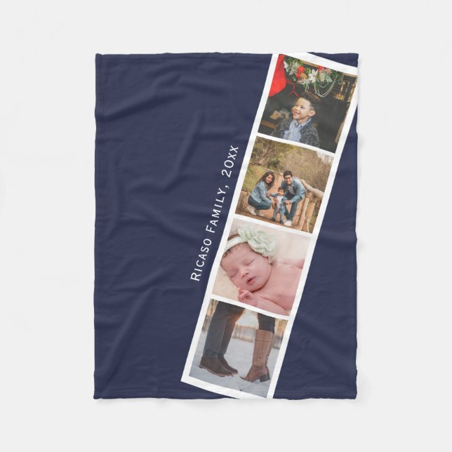 4 Photo Booth Style Personalized Blue Fleece Blanket (Front)