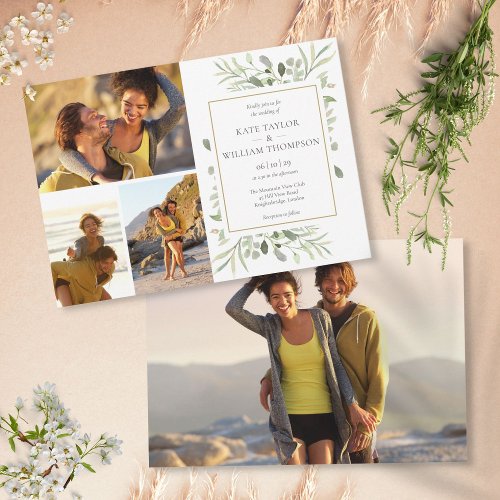 4 Photo Botanical Greenery Leaves Wedding Invitation