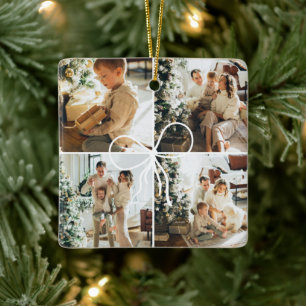 4 Photo Bow Wrap Christmas Family Keepsake Ceramic Ornament