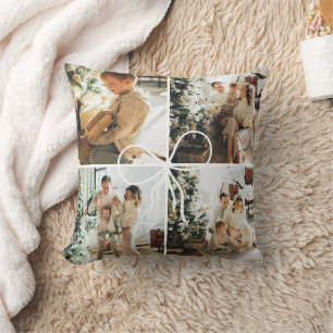 4 Photo Bow Wrap Christmas Family Keepsake Throw Pillow