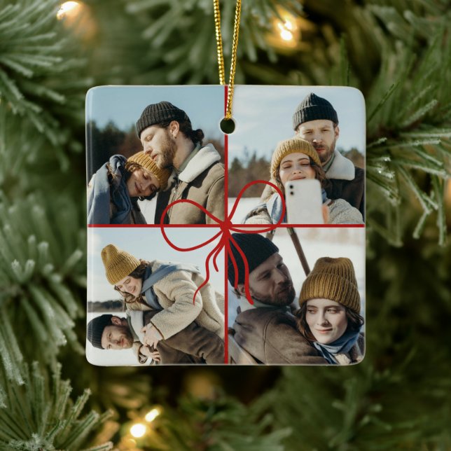 4 Photo Bow Wrap Christmas Newlyweds Modern Ceramic Ornament (Tree)