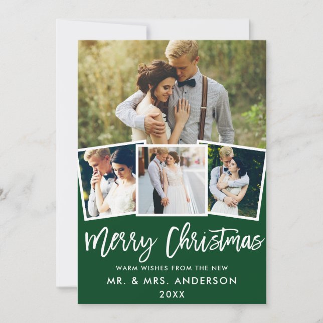 4 Photo Brush Script Wedding Christmas Green Holiday Card (Front)