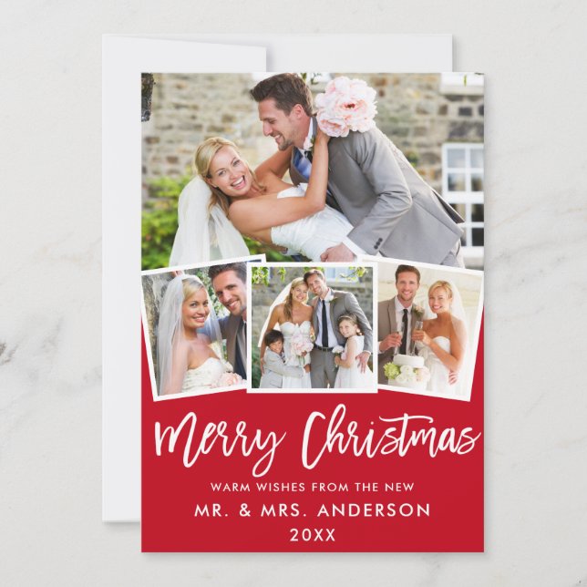 4 Photo Brush Script Wedding Christmas Red Holiday Card (Front)