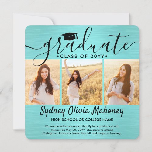 4 Photo Brushed Teal Blue Black Modern Graduation Announcement