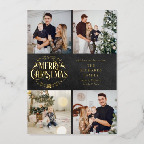 4 Photo Chalkboard2024 Calender Christmas Gold Foil Holiday Card