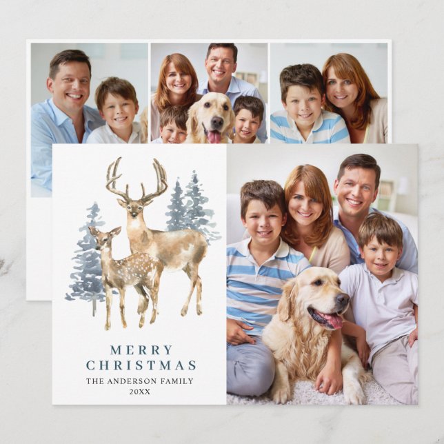 4 PHOTO Christmas Elegant Deer Pine Tree Holiday Card (Front/Back)