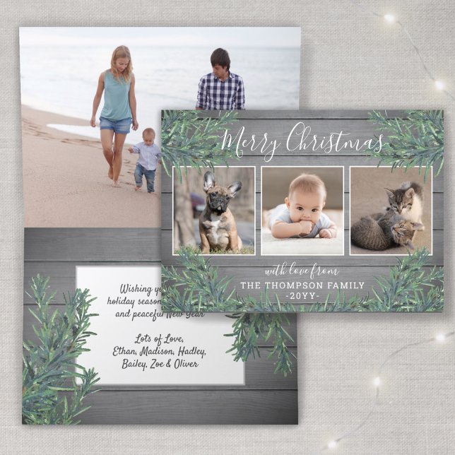 4 Photo Christmas Greenery & Gray Wood Folded Holiday Card (Creator Uploaded)