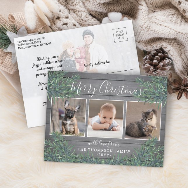 4 Photo Christmas Greenery & Rustic Gray Wood Holiday Postcard (Creator Uploaded)