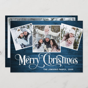 4 PHOTO Christmas Rustic Blue Wood Greeting Holiday Card