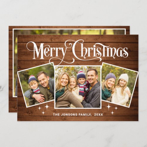 4 PHOTO Christmas Rustic Brown Wood Greeting Boho Holiday Card