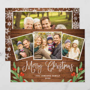 4 PHOTO Christmas Rustic Brown Wood Greeting Holiday Card