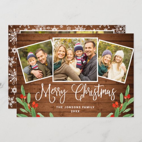 4 PHOTO Christmas Rustic Brown Wood Greeting Holiday Card