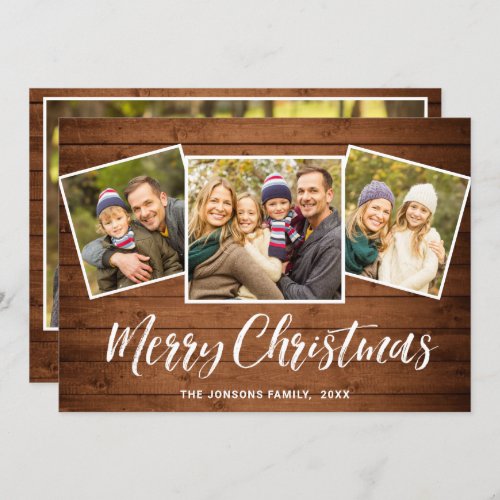 4 PHOTO Christmas Rustic Brown Wood Greeting Holiday Card