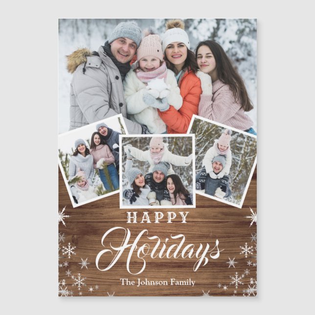 4 PHOTO Christmas Rustic Wood Magnetic Card (Front)
