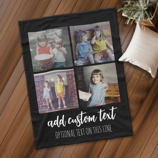 4 Photo Collage - 2 Lines Text - Can Edit Colors Fleece Blanket (Personalized fleece blanket with 4 photos and a monogram)