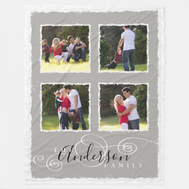 4 Photo Collage Add Family Name Gray Large Fleece Blanket (Front)