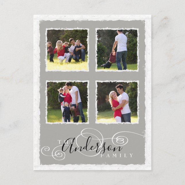 4 Photo Collage Add Family Name Gray Postcard (Front)