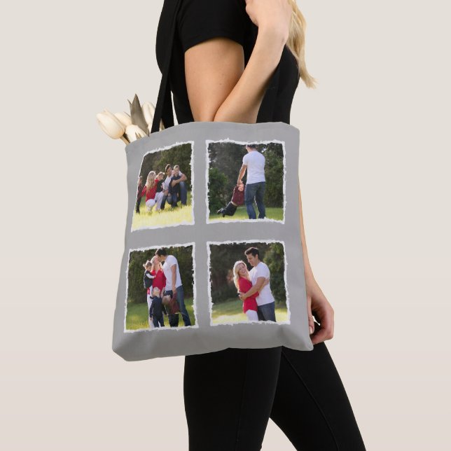 4 Photo Collage Add Family Name Gray Tote Bag (Close Up)
