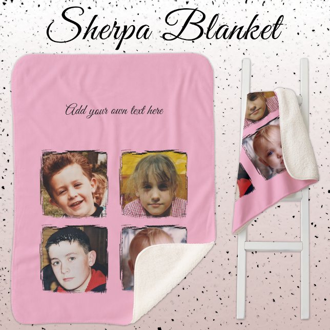 4 photo collage add text pink sherpa blanket (Creator Uploaded)