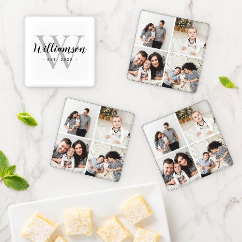 4 Photo Collage and Family Monogram Coaster Set