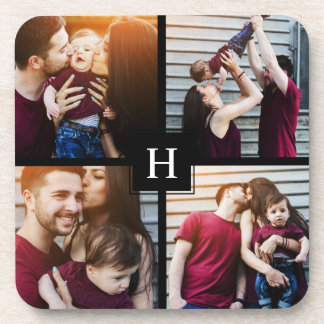 4-Photo Collage and Monogram Beverage Coaster