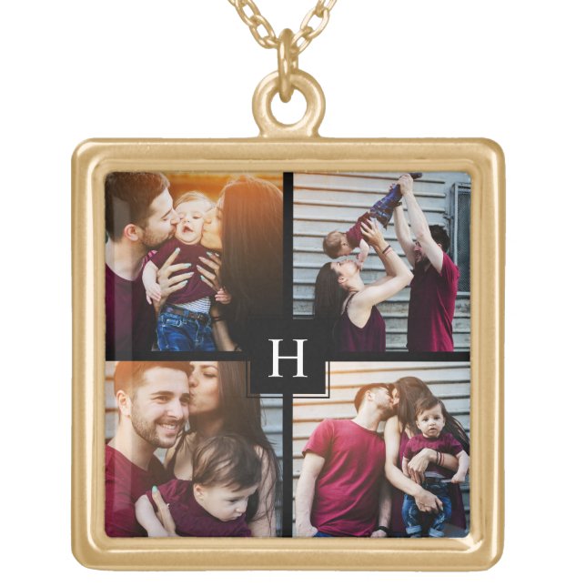 4-Photo Collage and Monogram Gold Plated Necklace (Front)
