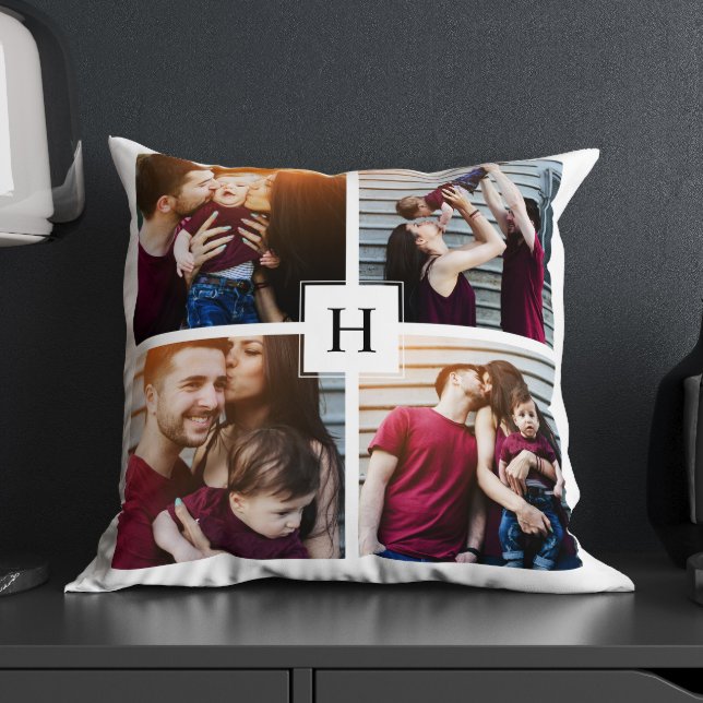 4-Photo Collage and Monogram Throw Pillow (Creator Uploaded)